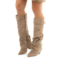 Santiag haute beige Synthétique Femme - Bout pointu et sangle métallique élégante 1