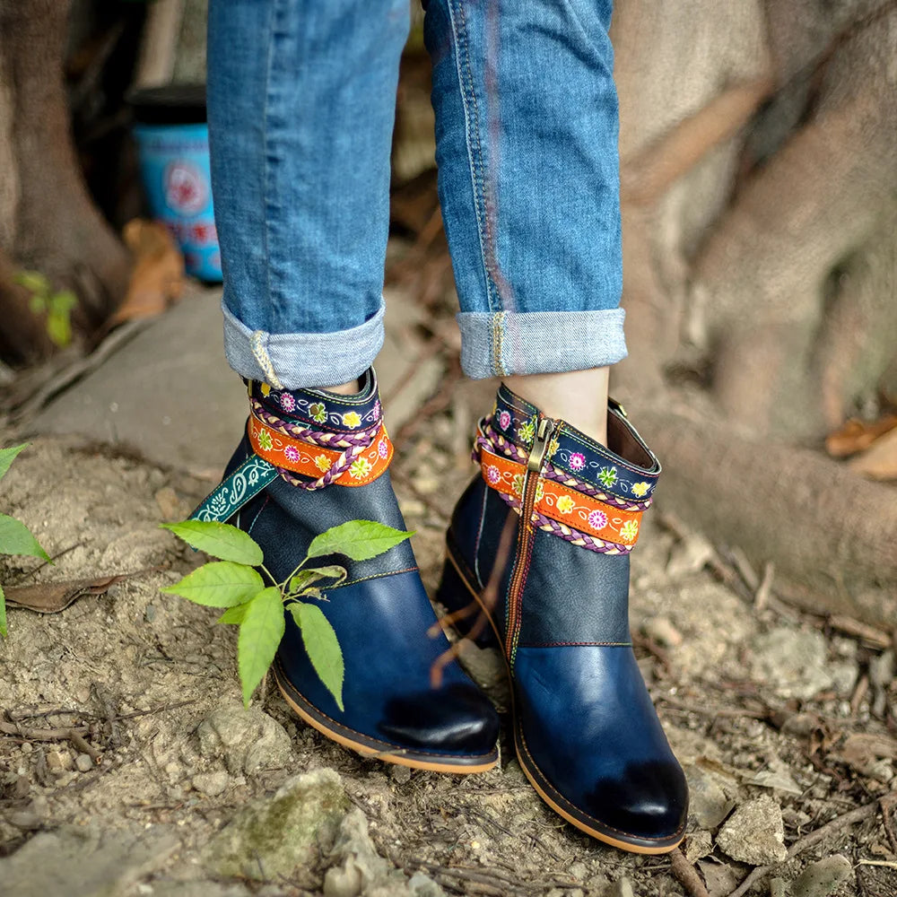 Santiag mi-haute bleu Cuir Femme - Broderies florales et sangles multicolores 2