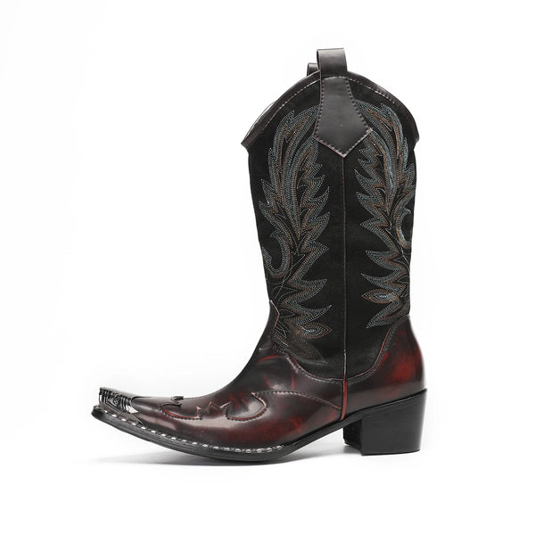 Santiag mi-haute marron Cuir Homme - Broderies florales et métal doré