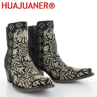 Santiag mi-haute marron Simili Cuir Femme - Broderies florales et clous métalliques élégants 1