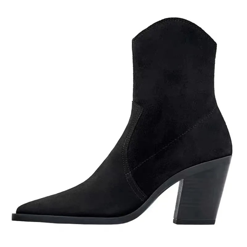 Santiag mi-haute noir Daim Femme - Talon carré élégant et bout pointu 2