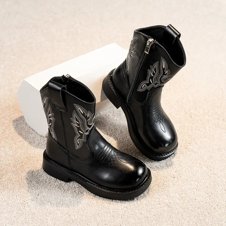 Santiag mi-haute noir Simili Cuir Fille - Broderies western et couture authentique 3