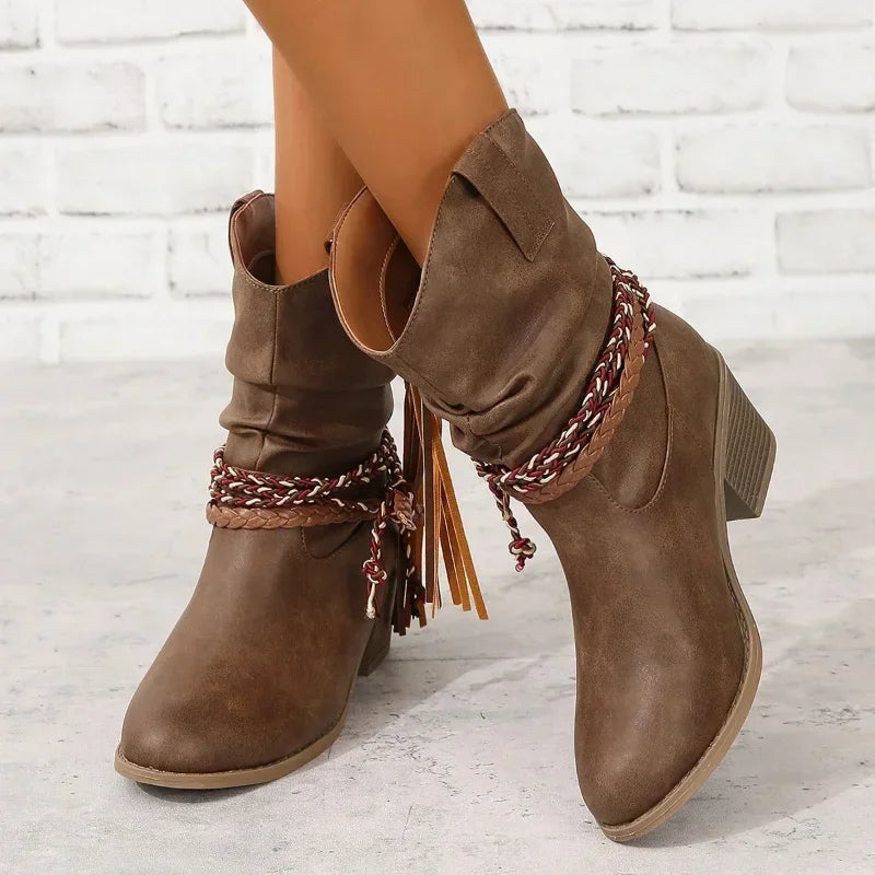Santiag mi-haute marron Simili Cuir Femme - Franges western et talon carré moderne