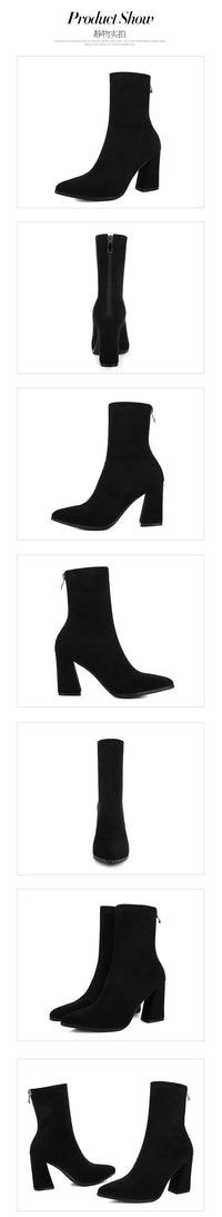 Santiag mi-haute noir Daim Femme - Élégantes à talon carré et couture visible 3