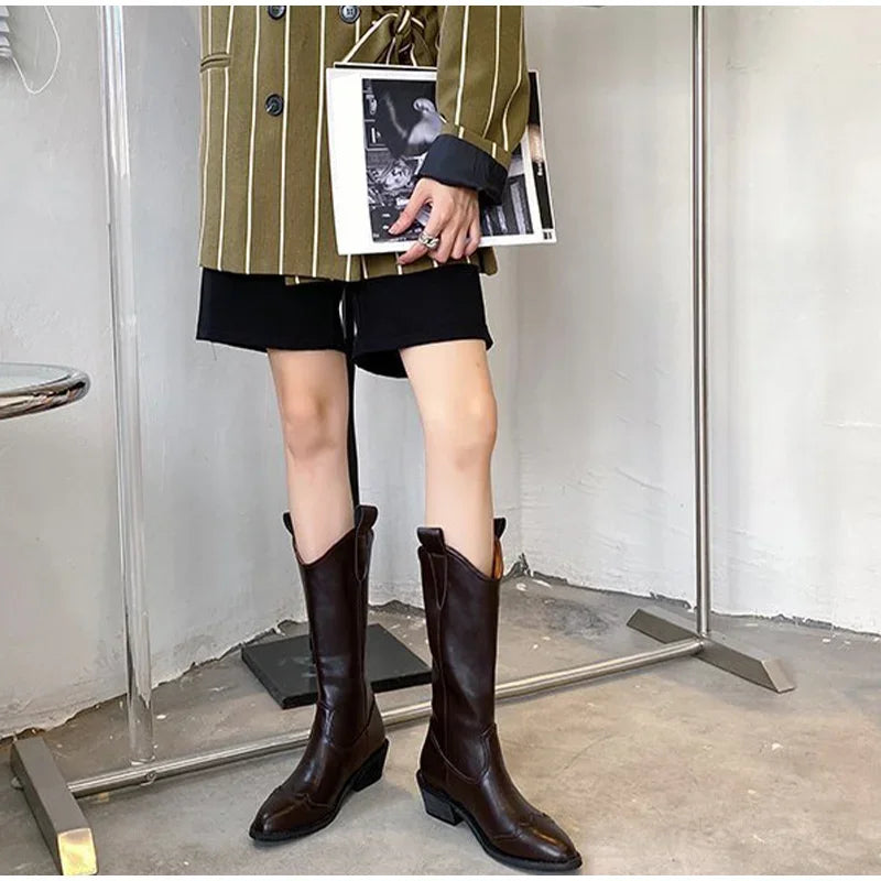 Santiag mi-haute marron foncé Simili Cuir Femme - Style western avec coutures décoratives ondulées 3