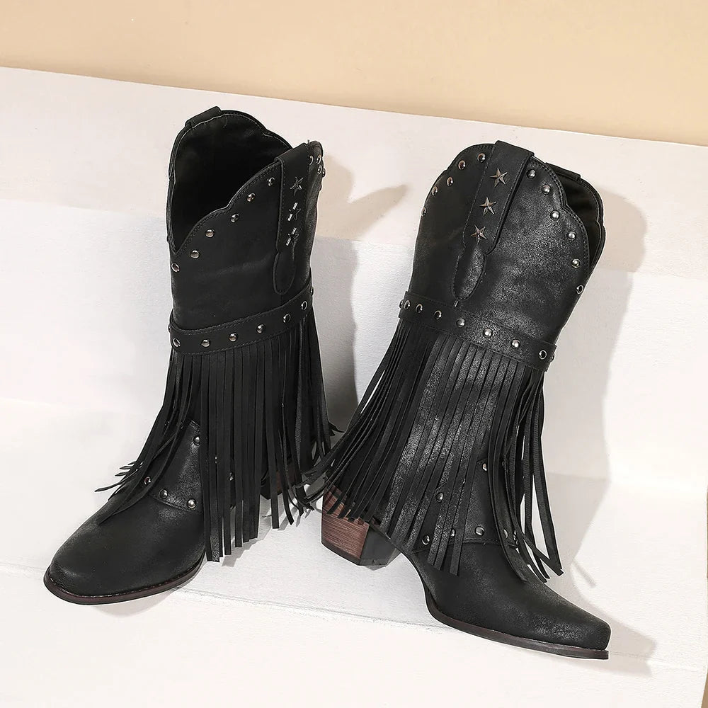 Santiag mi-haute noir Simili Cuir Femme - Franges et étoiles style western original 4