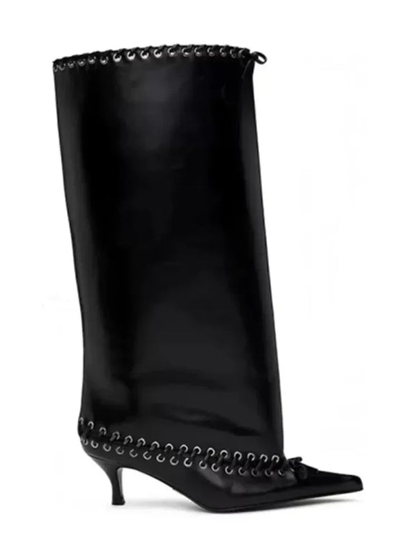 Santiag mi-haute noir Synthétique Femme - Silhouette élégante à lacets et talons fins