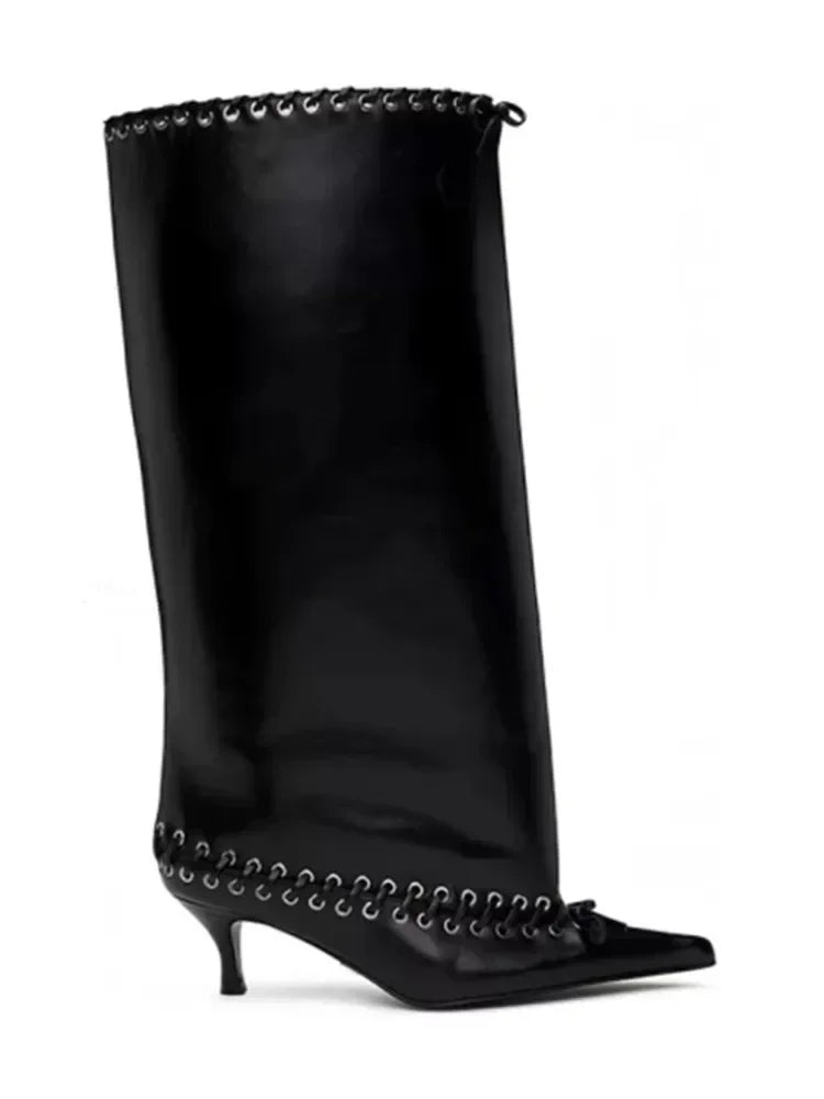 Santiag mi-haute noir Synthétique Femme - Silhouette élégante à lacets et talons fins