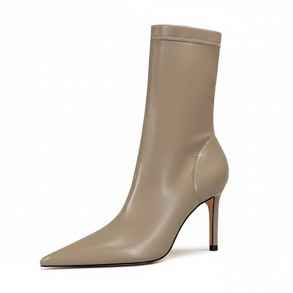 Botte haute beige Simili Cuir Femme - Talon aiguille raffiné et bout pointu