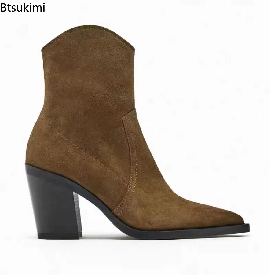 Santiag mi-haute marron Daim Synthétique Femme - Talon cubain épais et bout pointu 3