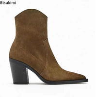 Santiag mi-haute marron Daim Synthétique Femme - Talon cubain épais et bout pointu 3