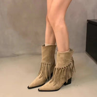 Santiag mi-haute beige Daim Femme - Franges pointues avec œillets métalliques 2