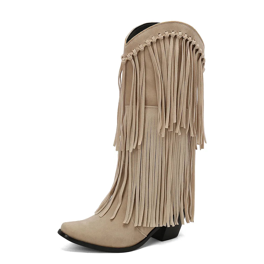 Santiag haute beige Daim Femme - Franges longues et élégantes sur daim