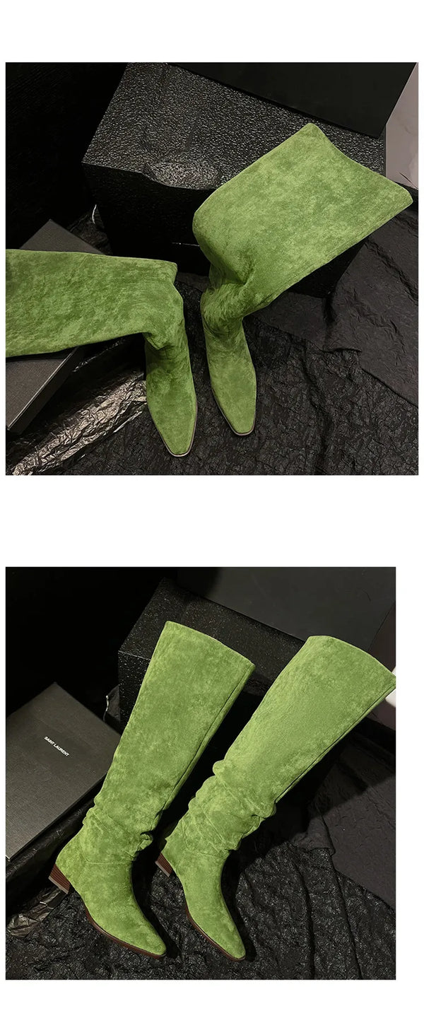 Santiag haute beige Daim Femme - Élégance subtile avec plis délicats