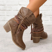 Santiag mi-haute marron Simili Cuir Femme - Design boho avec tresse et corde 4