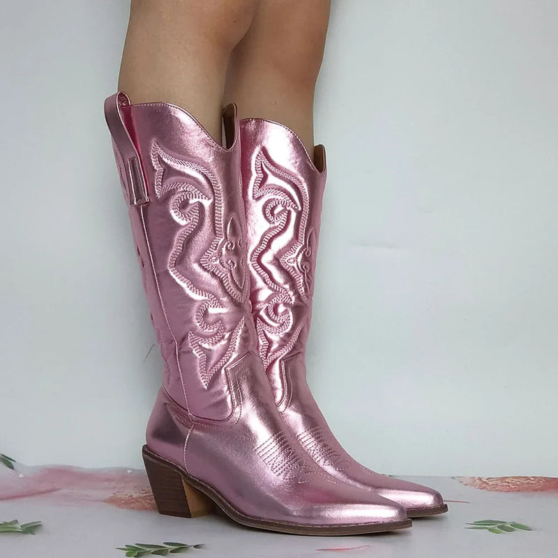 Santiag mi-haute argentée Simili Cuir Femme - Broderies géométriques argentées élégantes