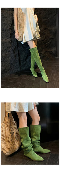 Santiag haute beige Daim Femme - Élégance subtile avec plis délicats 3