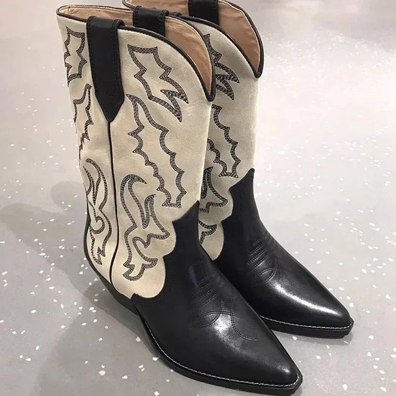 Santiag haute noir Simili Cuir Femme - Broderies western exquises et bout pointu 2