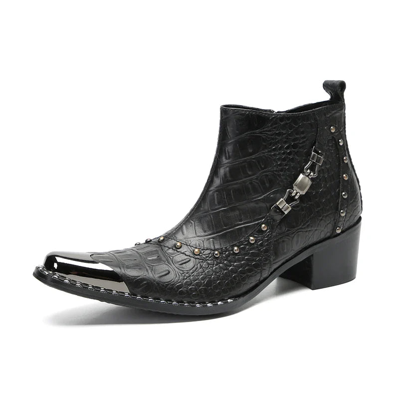 Santiag mi-haute noir Cuir Homme - Bout métallique avec clous et texture croco 3