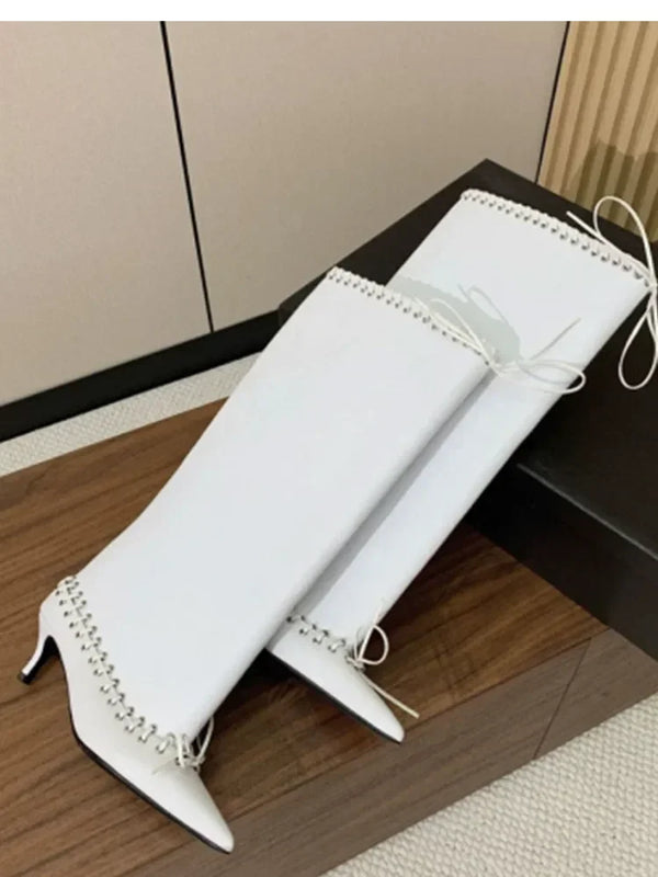 Santiag mi-haute blanc Synthétique Femme - Bout pointu et lacets sophistiqués