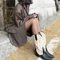 Santiag haute noir Simili Cuir Femme - Broderies western exquises et bout pointu 5
