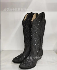 Santiag mi-haute beige Simili Cuir Femme - Broderies florales en bleu clair élégantes 2