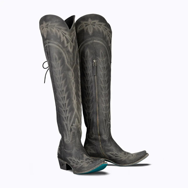 Santiag haute gris Simili Cuir Femme - Broderies western avec semelle turquoise