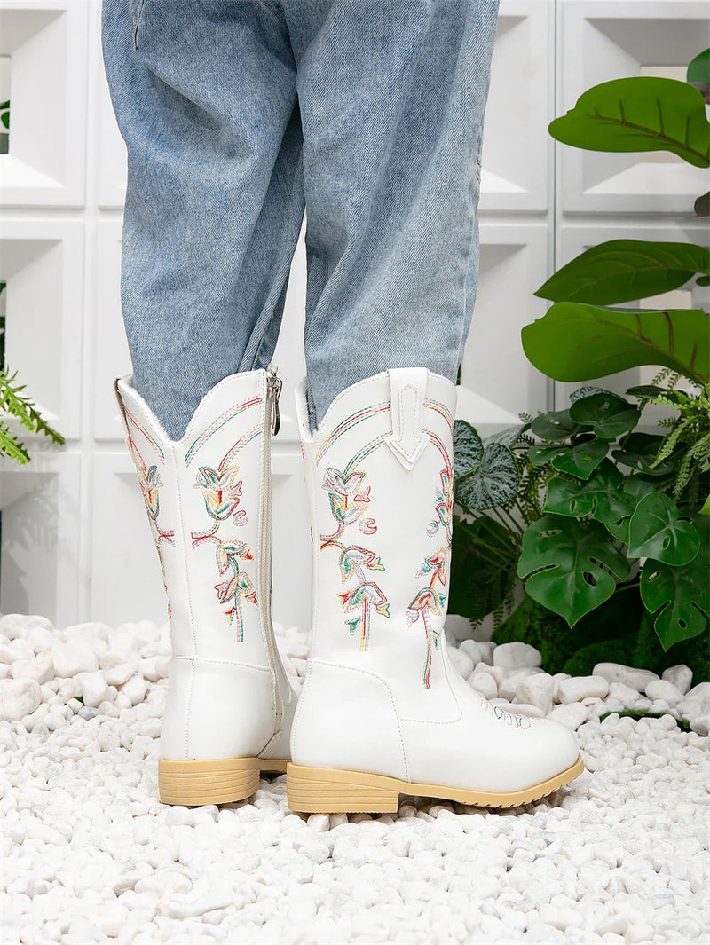 Santiag mi-haute marron Cuir Fille - Broderies florales pour une allure vintage