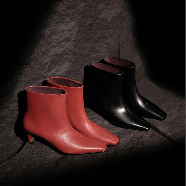 Bottine haute rouge Cuir Femme - Bottines rouges à bout carré épuré 5