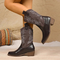 Santiag mi-haute noir Simili Cuir Femme - Broderie élégante et talon carré 3