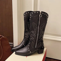 Santiag haute noir Simili Cuir Femme - Ornées de clous et broderies florales 2