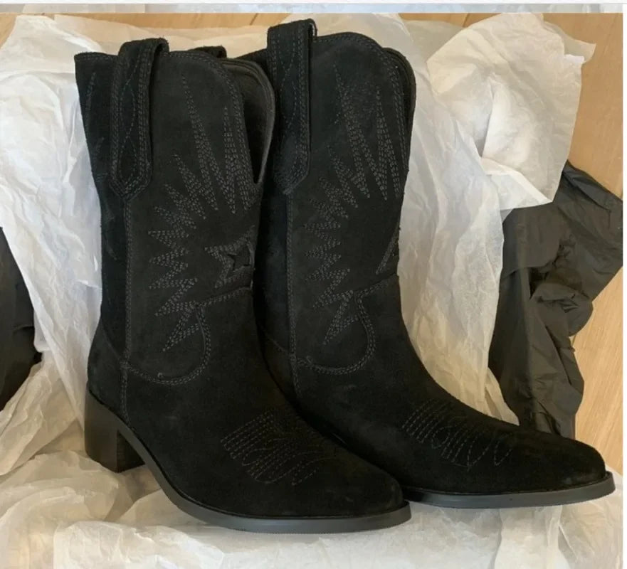 Santiag mi-haute noir Daim Synthétique Femme - Bling-bling avec broderies géométriques élégantes 4
