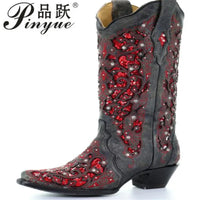 Santiag mi-haute gris Synthétique Femme - Broderies florales et pierres scintillantes 2