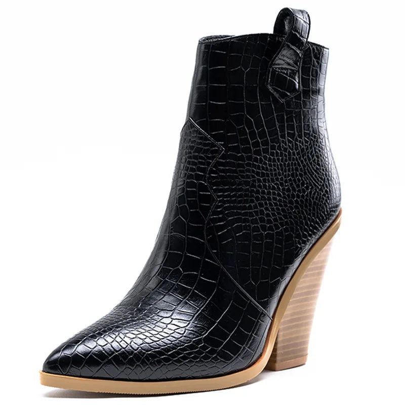Santiag mi-haute noir Simili Cuir Femme - Motif crocodile et boucle décorative élégante