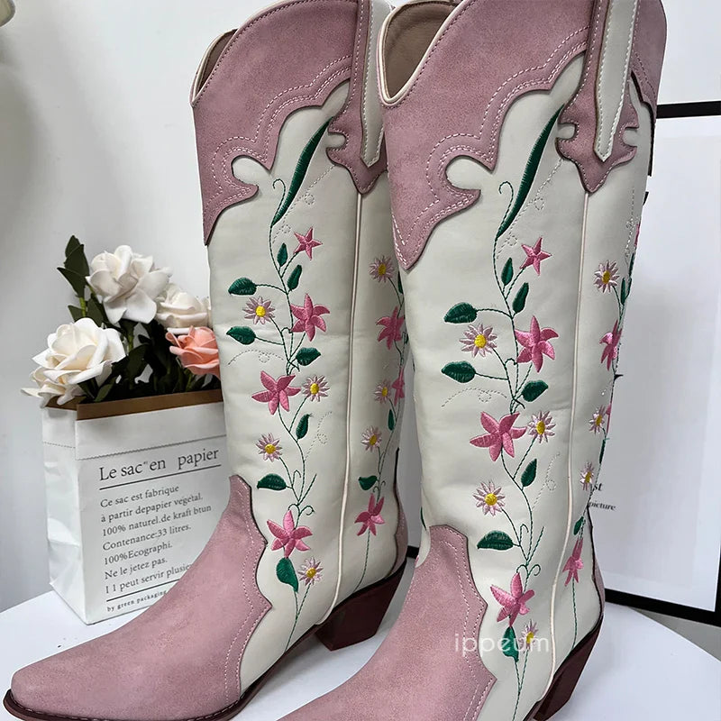 Santiag mi-haute blanc Simili Cuir Femme - Broderies florales vibrantes élégantes 7