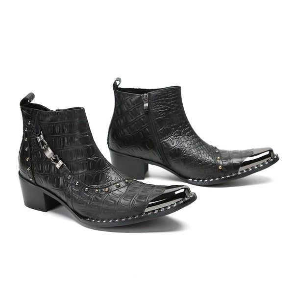 Santiag mi-haute noir Cuir Homme - Bout métallique avec clous et texture croco