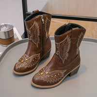 Santiag haute marron Synthétique Fille - Bottes marron, ailes brodées, clous dorés 4
