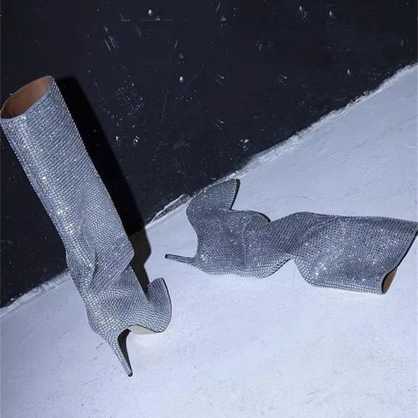 Santiag haute argentée Daim Synthétique Femme - Paillettes argentées et talon aiguille chic