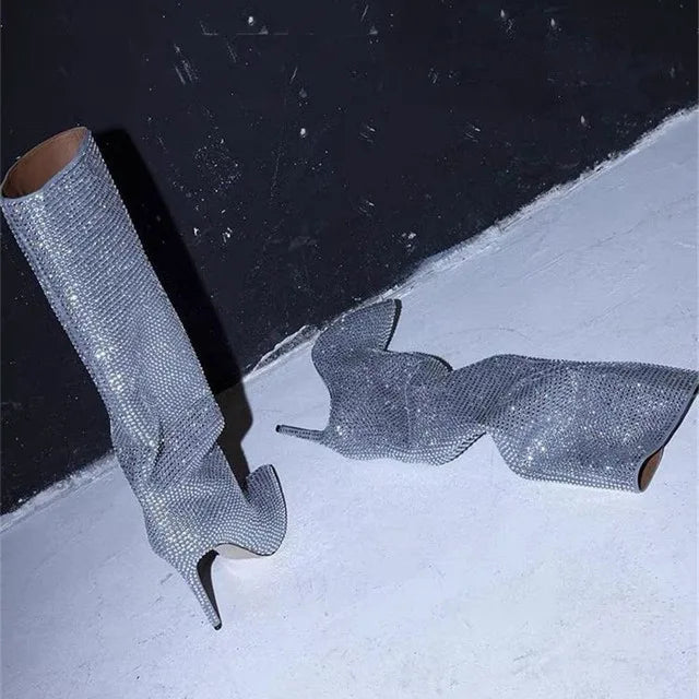 Santiag haute argentée Daim Synthétique Femme - Paillettes argentées et talon aiguille chic