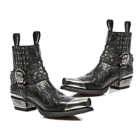 Santiag basse noir Cuir Homme - Bout carré avec embout métallique argenté 1