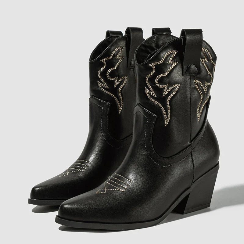 Santiag mi-haute noir Simili Cuir Femme - Broderie florale et talon cubain