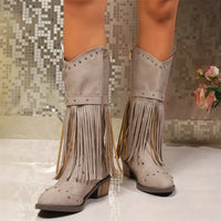 Santiag mi-haute noir Daim Femme - Franges longues et clous audacieux 2