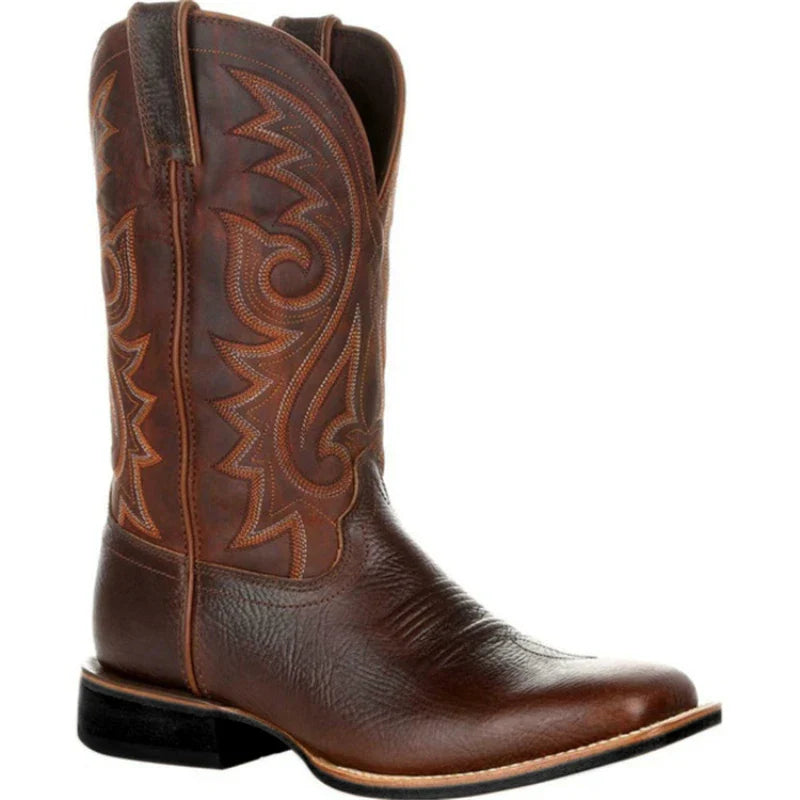 Santiag mi-haute marron Simili Cuir Homme - Broderies western et bout pointu élégant
