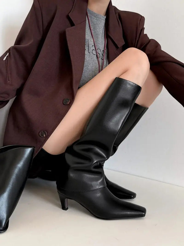 Santiag haute noir Cuir Femme - Talon carré élégant et bout carré