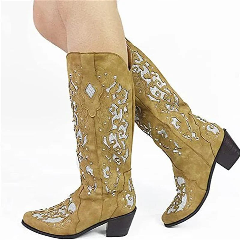 Santiag mi-haute camel Simili Cuir Femme - Broderies florales sophistiquées et élégantes