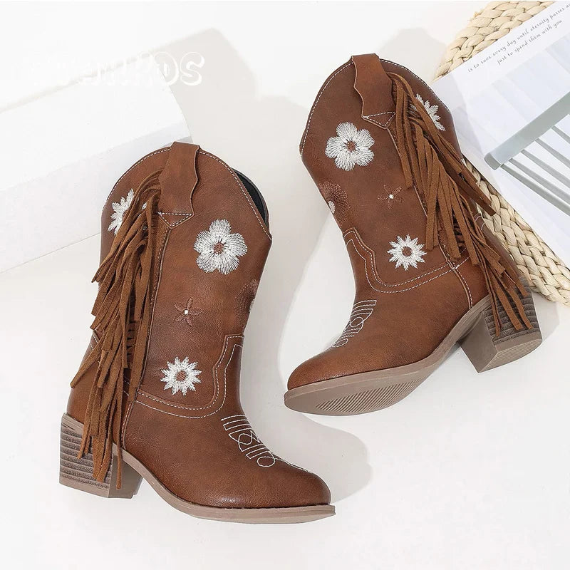 Santiag mi-haute marron Simili Cuir Fille - Broderies florales avec franges élégantes 4