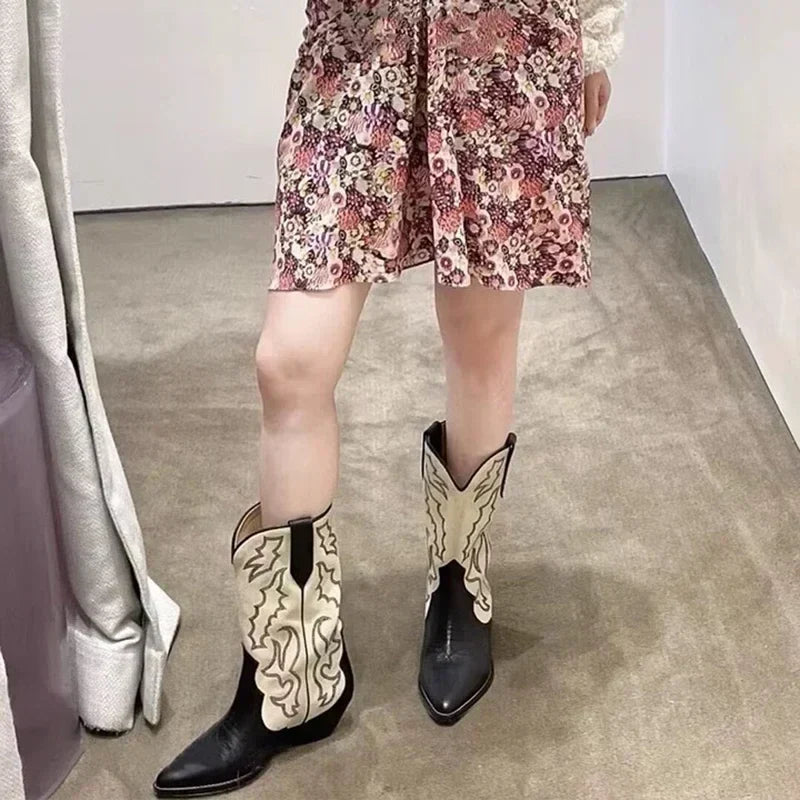 Santiag haute noir Simili Cuir Femme - Broderies western exquises et bout pointu 4