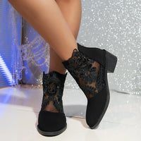 Santiag basse noir Synthétique Femme - Broderies florales élégantes en dentelle 3