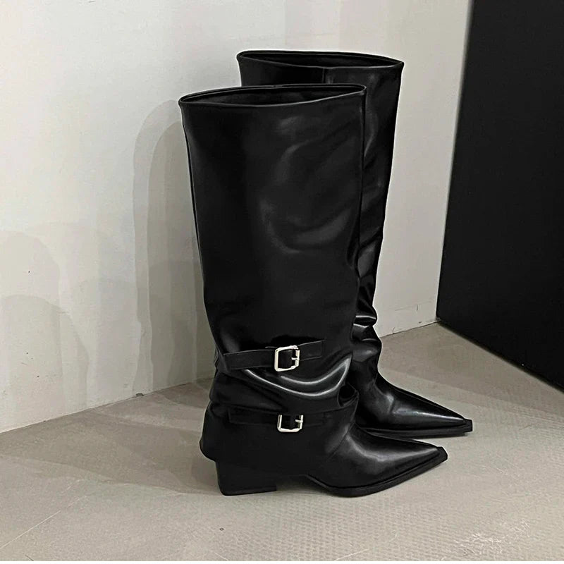 Santiag haute noir Simili Cuir Femme - Bout pointu avec boucles élégantes 3