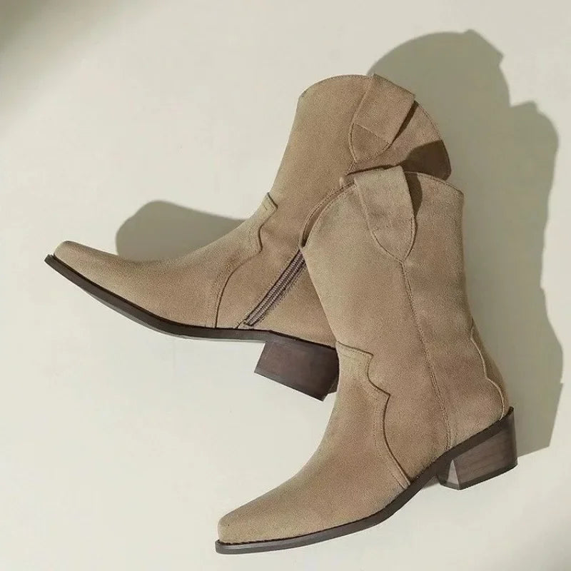 Santiag basse beige Daim Femme - Élégance rétro avec talons carrés 4